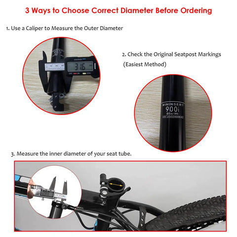 Diagram showing three ways to measure Internal Routing Dropper Post With Lever And Cable Kit diameter for MTB and Ebike.