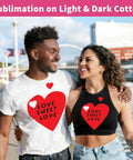 Couple wearing shirts with matte white sublimation HTV for dark and light cotton fabrics. Focus: Matte White Sublimation HTV For Dark And Light Cotton Fabrics 12 Inch By 10 Feet Iron On Vinyl For Cotton Tees Works With Sublimation Paper And Printers.