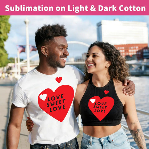 Couple wearing shirts with matte white sublimation HTV for dark and light cotton fabrics. Focus: Matte White Sublimation HTV For Dark And Light Cotton Fabrics 12 Inch By 10 Feet Iron On Vinyl For Cotton Tees Works With Sublimation Paper And Printers.