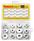 Front view of Nuepuxo 108-piece 304 stainless steel flat washers set in a clear case with 12 sizes (M3–M12).