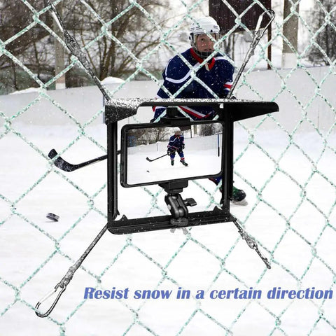 Fence Mount With Sun Shield For Phones And Action Cameras Secure Phone Holder Kit installed on fence capturing hockey action.