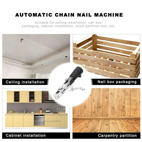 Automatic Drill Nailer Conversion Kit, Adjustable screw driving attachment for power drills, shown for ceiling installation and cabinet use.
