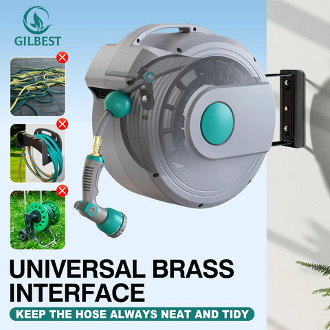 Retractable Garden Hose Reel With Lock At Any Length, 100 Ft Hybrid Hose, 180 Degree Swivel, All Weather Wall Mount