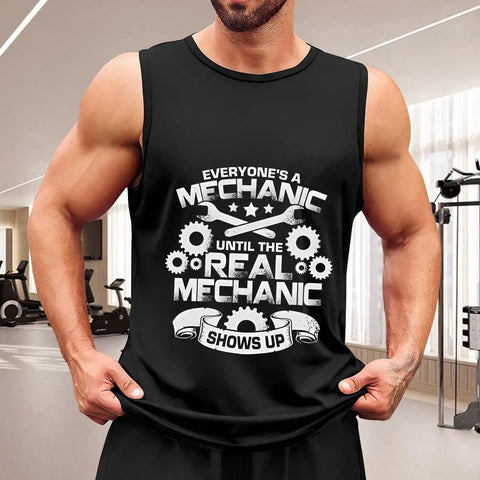 Straight Up Soft Mens Cotton Tank Top Sleeveless Muscle Shirt For Intense Gym Sessions Summer Breathable Undershirt With Reliable Sun Protection Chill Workout Tee, black design with mechanic-themed graphic.