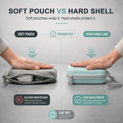Comparison of soft pouch and hard shell, featuring Hard Travel Case For Foldable 3 In 1 Wireless Charging Station for added protection.