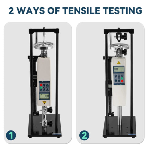 Beefy 500N Force Gauge With Wheel Operated Test Stand And 150mm Stroke Built For Quick Accurate Push Pull And Tensile Tests Rugged Pro Grade System With Clear Readout And Ready For Lab Or Shop Use HLB, two tensile test setups with gauge and clamps