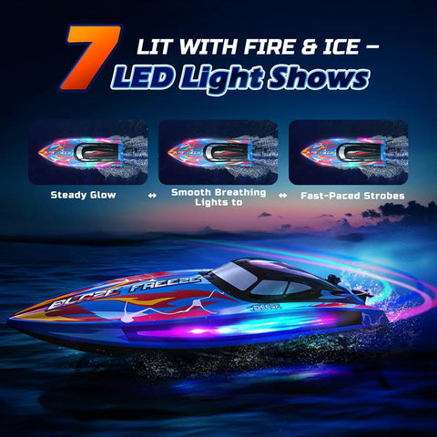 Fast RC Boat For Pool And Lake Hits 20 Plus MPH With 40 Plus Minute Run Time 7 LED Light Modes glowing on water at night