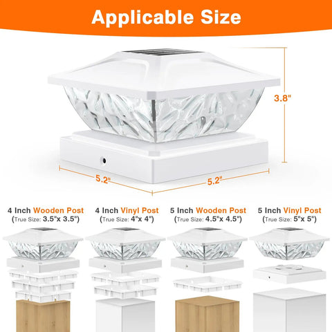 Six Pack Solar Post Cap Lights For Outdoor Fence And Deck With Two Color Modes Cool White And Warm White waterproof sizes displayed