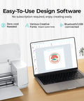 Cutting Machine 2 By HTVRONT 5 In 1 Vinyl Cutter with laptop using design software on a wooden desk