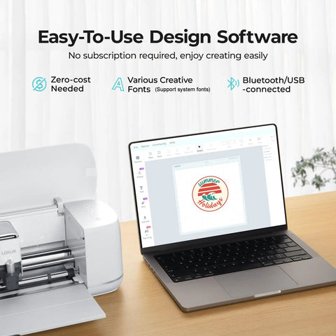 Cutting Machine 2 By HTVRONT 5 In 1 Vinyl Cutter with laptop using design software on a wooden desk