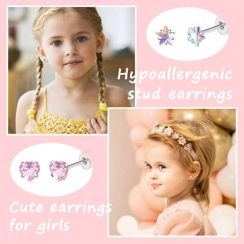 24 Pairs Hypoallergenic Earrings Set With Screw Back Studs For Girls And Women Cute Sparkly CZ Ball Star Butterfly Flower Heart Designs Flat Back Comfort For Everyday Wear Gift Ready Variety Pack girls wearing stud earrings