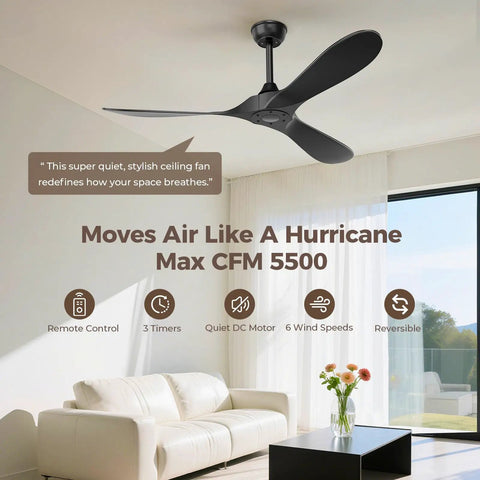 Black Outdoor Ceiling Fan 52 Inch No Light With Remote Control Three Blades Six Speed Reversible DC Motor