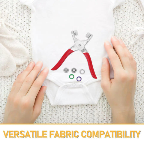 Sturdy Stainless Steel Snap Fasteners Kit Setter Tool With Five Claw Designed For Easy Garment Repairs And Craft Projects, This All In One Handy Fastener Installer Keeps Your Clothes Secure And Looking Fresh. used on white baby onesie