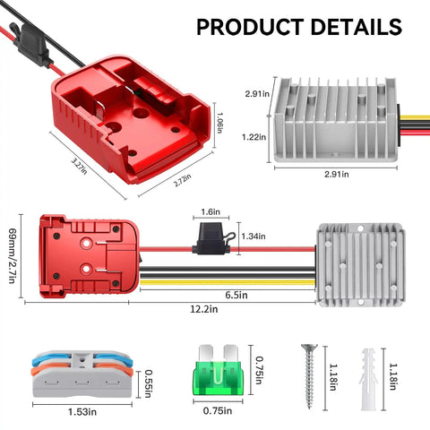 18V To 12V Buck Converter For M18 Battery, 240W DC Regulator dimensions and components, detailed view, product parts layout.