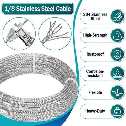 1/8 Inch Stainless Steel Wire Rope Kit With 164 Foot Heavy Duty Cable And Complete Crimping Tool Set featuring strong, flexible cable coils.