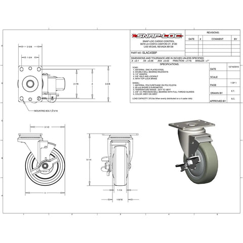 Heavy Duty Four Inch Polyurethane Swivel Caster With Killer Side Brake Holds Tight On Hills Glides Smooth For Easy Moving Handles Serious Loads Up To 375 Lbs Standard Top Plate Two Point Three Eight By Three Point Five Eight technical drawing.