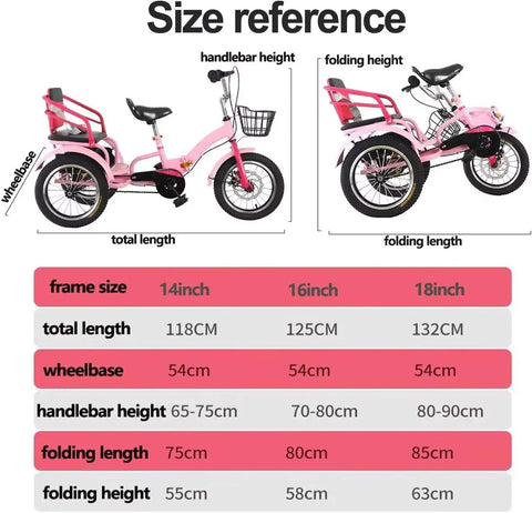 Foldable Three Wheel Tricycle Cruiser With Back Seat size reference chart showing dimensions and folding mechanism