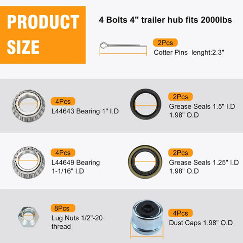 Premium 4 Lug Trailer Hub Kit 2 Sets Glides Right On One And One Sixteen Inch Straight Spindle 4X4 Bolt Pattern 2000 Lb Rated components and sizes