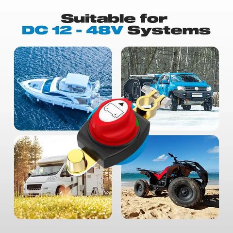 Front view of Battery Disconnect Switch 275A Continuous Heavy Duty On Off Kill Switch for Car Truck RV Boat 12-48V with red knob.