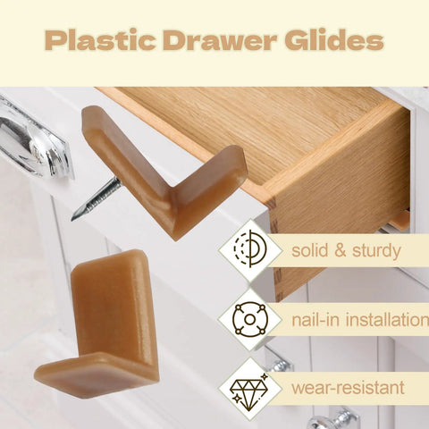 30 Pack L Shape Tack In Drawer Buffer Stops And Slide Stoppers With Anti Rust Nails visible with nail installation on drawers.