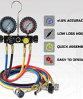 HVAC Gauges With Hoses Four Valve Manifold Set For R134A R410A R404A R22 Refrigerants with clear readouts and durable hoses