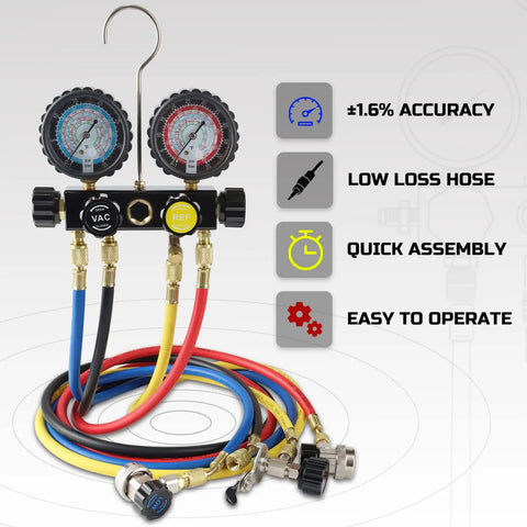 HVAC Gauges With Hoses Four Valve Manifold Set For R134A R410A R404A R22 Refrigerants with clear readouts and durable hoses