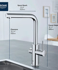 Clean Lines Single Handle Pull Out Kitchen Faucet With Laminar Spray Led Knobs For Chilled Sparkling Water Butter Smooth Pour 180 Swivel Spout detailed dimensions on countertop.