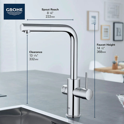 Clean Lines Single Handle Pull Out Kitchen Faucet With Laminar Spray Led Knobs For Chilled Sparkling Water Butter Smooth Pour 180 Swivel Spout detailed dimensions on countertop.