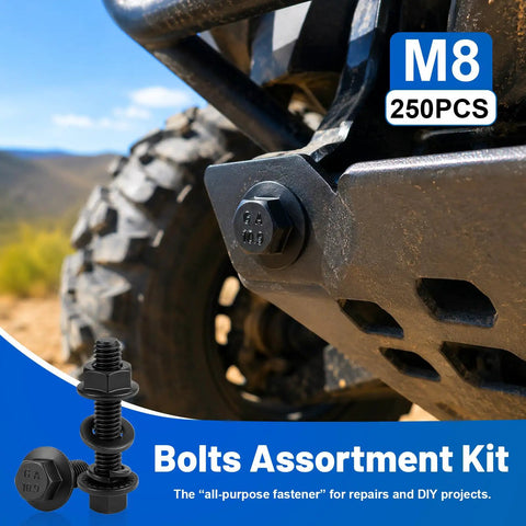250 Piece M8 Flange Head Bolt Kit With Hex Bolts Nuts And Washers M8-1.25 X 16/20/25/30 Mm Metric Fasteners Black Zinc Galvanized Pro Grade