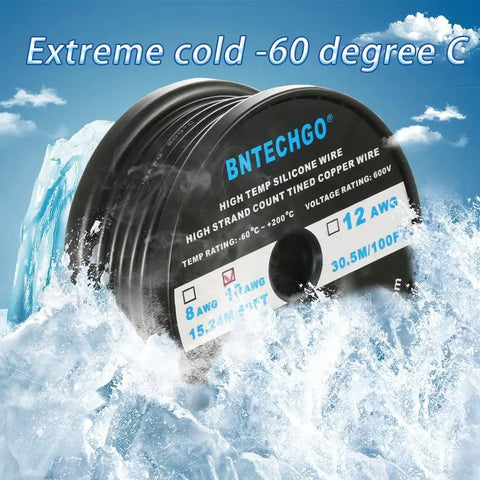 Ultra Smooth Black Silicone Wire 50 Feet Long With 10 Awg Stranded Tinned Copper Core For Heavy Duty Car Mods And Electronics Setup No Fuss Soldering And Kickass Durability That Lasts Forever on a spool with ice background.