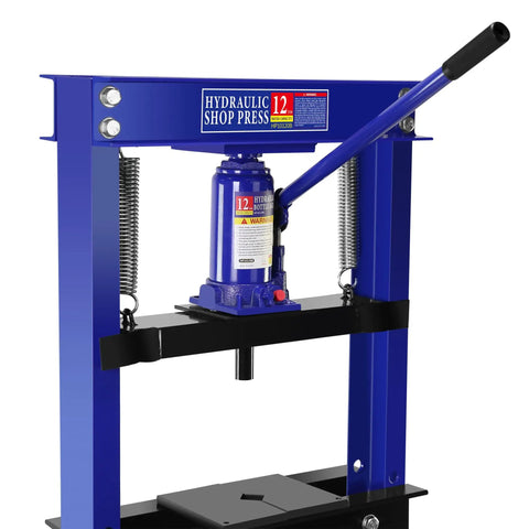 Front view of Beefy 12 Ton Hydraulic H-Frame Shop Press With Adjustable Floor Stand And Stamping Plates For Bending, Straightening