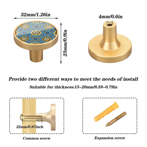 Slick Gold Persian Floral Medallion Cabinet Knobs 4 Pack 1-1/4 Inch Acrylic Drawer Pulls With Expansion Screws For Kitchen Cupboards and installation details