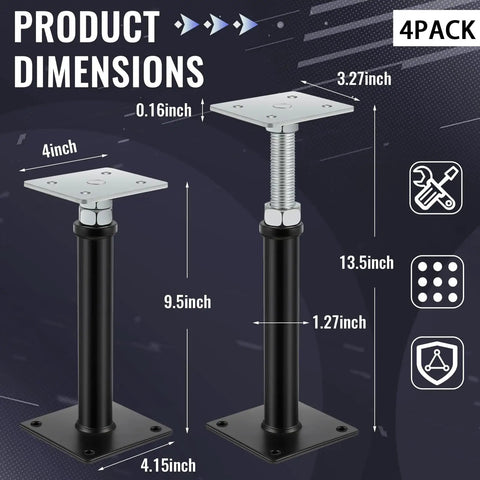 Two Pack Adjustable Floor Jack Posts 9.5 To 13.5 Inch Height Durable Carbon Steel Screw Posts For Floors Stairs And Joists Leveling And Lifting Supports Up To 7000 Lbs Capacity For Home And Garage Repair, showing dimensions and design features