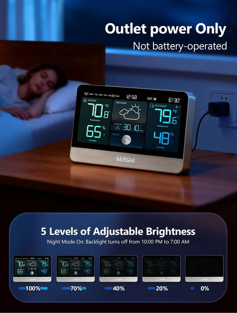 Go-To Weather Station With 8.8 Inch Color Display And Indoor Outdoor Thermometer Hygrometer, Atomic Clock on bedside table
