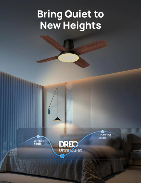 44 Inch Low Profile Ceiling Fan With Led Light And Remote Six Speed Reversible Timer Whisper Quiet Bedroom Flush Mount Lighting Fixture in a modern bedroom.
