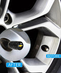 4 Pack Aluminum Tire Valve Stem Caps Universal Fit For Cars SUVs Trucks And Motorcycles Black Corrosion Resistant Caps With Rubber Seal To Stop Leaks, Keep Dust Out, And Prevent Deflation on a car wheel before and after install.