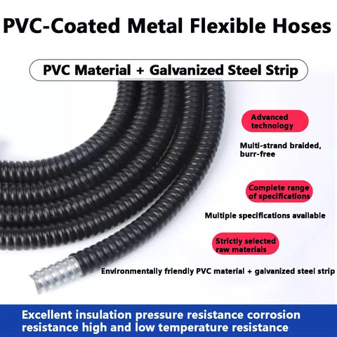Heavy Duty Flexible PVC Coated Steel Conduit 19Mm 20Mm Corrugated Electrical Tubing showing black metal hose with PVC coating.