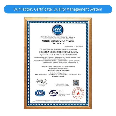 Quality Management System certificate in a gold frame from Shanghai Sailway for Shenzhen Shine Industrial Co., Ltd.