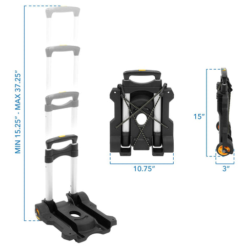 Foldable Luggage Cart With Wheels Lightweight Steel Frame Carries Up To 77 Pounds for easy transport; dimensions and design details shown