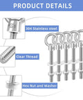 Heavy Duty 1/4 Inch By 6 Inch Eye Bolt Set With 304 Stainless Steel Nuts And Washers, includes five eye bolts, close-up view.