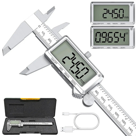 Go-To 6 Inch Digital Caliper With Rechargeable Battery, Big LCD Screen, Stainless Steel Measuring Tool with case and cable