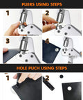 Demonstration of Heavy Duty Grommet Kit For Tarp Repair And Installation usage steps with pliers and hole puncher on black fabric.
