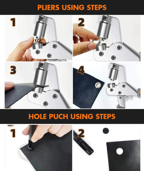 Demonstration of Heavy Duty Grommet Kit For Tarp Repair And Installation usage steps with pliers and hole puncher on black fabric.