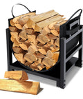 Indoor Firewood Rack And Log Holder With Wood Carrier, Powder Coated Steel Construction, Holds Up To 110 Pounds, loaded with logs.