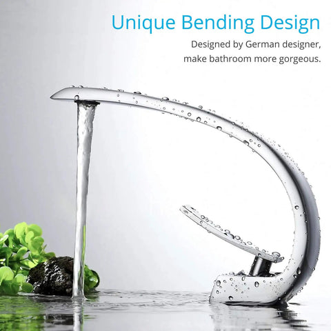 Chrome Bathroom Sink Faucet With Cover Plate And Pop Up Drain Assembly, Single Handle Lavatory Faucet With Modern Bending Design