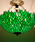 Green Stained Glass Lampshade Replacement, 16 Inch Wide by 7 Inch High, Vintage Wisteria Pattern for Ceiling Fixtures