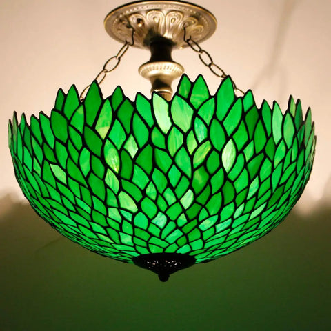 Green Stained Glass Lampshade Replacement, 16 Inch Wide by 7 Inch High, Vintage Wisteria Pattern for Ceiling Fixtures