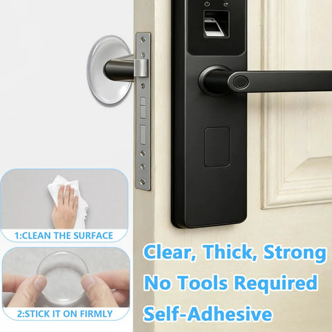 Clear Self Adhesive Door Stoppers For Wall Heavy Duty Gel Bumpers on a door handle, demonstrating easy installation and strong grip.