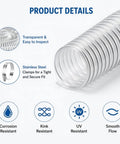 Badass Heavy Duty 2.5 Inch X 20 Foot PVC Dust Collection Hose With Steel Wire Coil showing transparent tubing and stainless steel clamps.