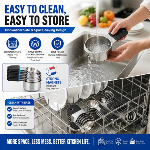 Heavy Duty Measuring Cups And Spoons Set With Strong N52 Magnets, 304 Stainless Steel Kitchen Tools, 15 Piece Round Set With Leveler For Baking And Cooking, BPA Free, Fits In Spice Jars, cleaned in dishwasher rack